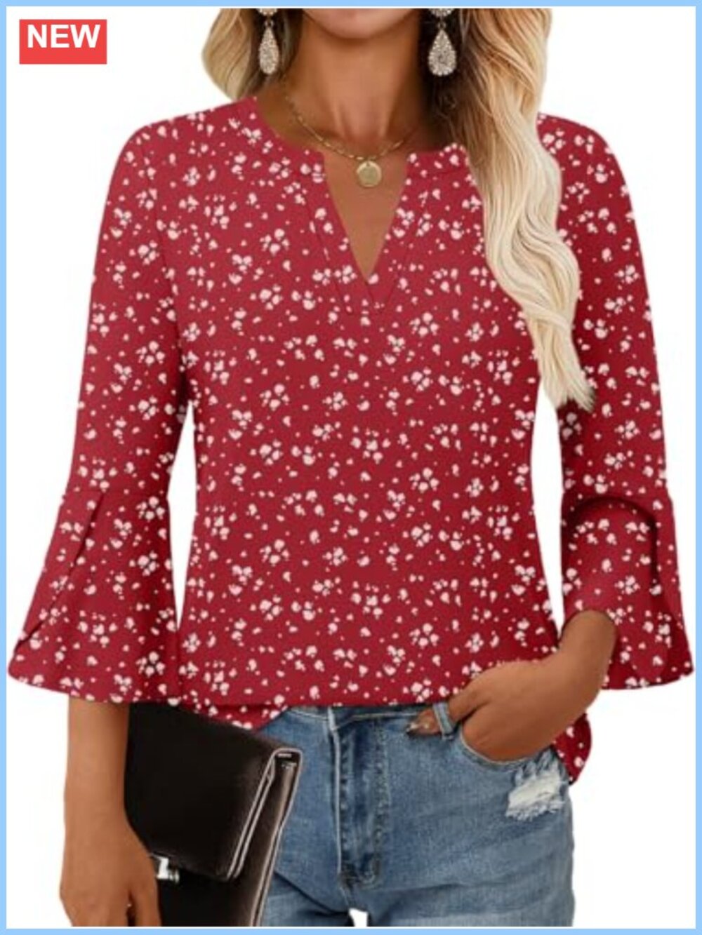 Women's Ruffle 3/4 Sleeve Blouse V Neck Tunic Business Top